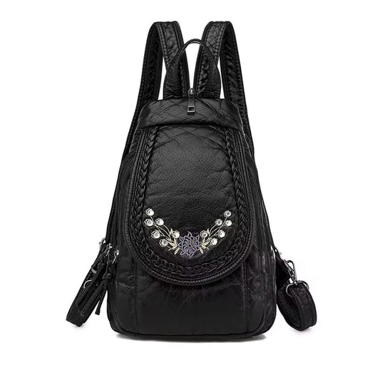 HUAZHIMAO Mini Backpack for Women, Soft Washed PU Leather Small Backpack Purse for Women, Waterproof Fashion Shoulder Bag, Ladies Travel Black Rucksack Handbags Bags with Beautiful Flower Pattern