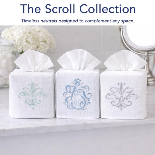 Jacaranda Living Square Tissue Box Cover, Linen/Cotton Fabric Tissue Holder, Decorative Cloth Tissue Cube Cover, Scrolls Design Amalfi Scroll, Blue