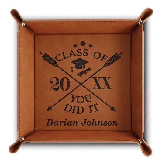 Bella Busta-Personalize Graduation Keepsake for Her, Him, Friends and Family- High School, College,University- Congratulations-Engraved Leather Valet Tray (Rawhide)