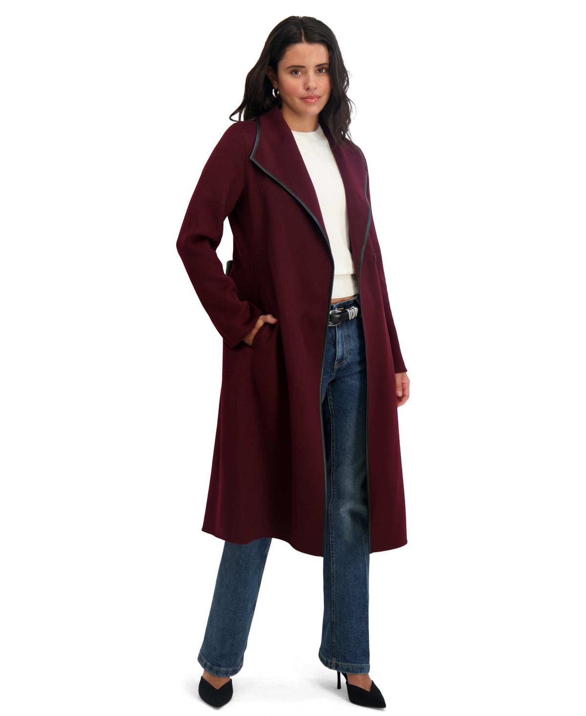 Tahari Women's Double-Faced Luxury Soft Wool Blend Longline Wrap Coat with PU Binding and Removable Belt, Cherry, X-Small