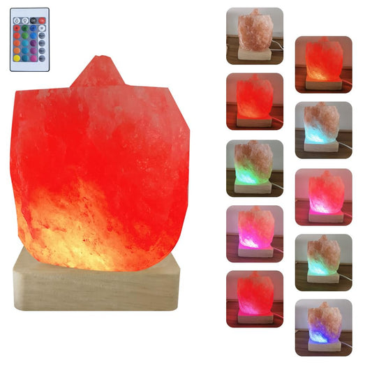 YZYOE USB Colour Gradient Himalayan Salt lamp,Solid Wood Based Atmosphere Decoration Natural Shape Salt lamp with Remote Control, Natural Crystal Stone Bedside Night Light, Handmade Crafts.