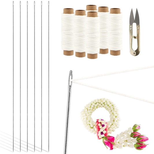 Ovrimelle 13 Pcs Lei Needle Kit, 6 Pcs 14 Inch Stainless Steel Long Lei Needle and 6 Rolls Twine 1 Sewing Scissors DIY Making Kit for Marigold Garland Hawaiian Flowers Bead Stitch Craft