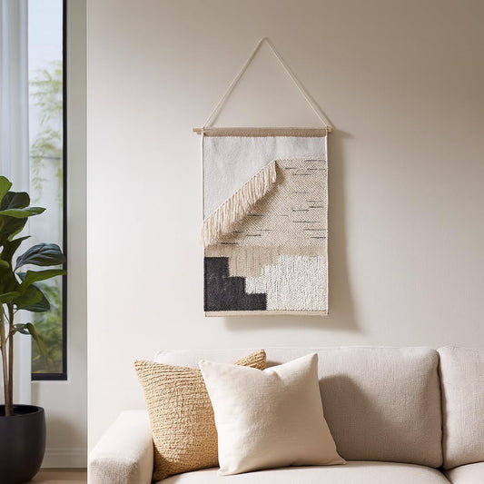 Wall Art for Home and Room Decor – Handcrafted Woven Art with Artistic Pattern Perfect as Hanging Wall Decor – Boho Home Decor Accent for Living Room, Bedroom, or Bathroom Decor – 36" Ivory & Tan