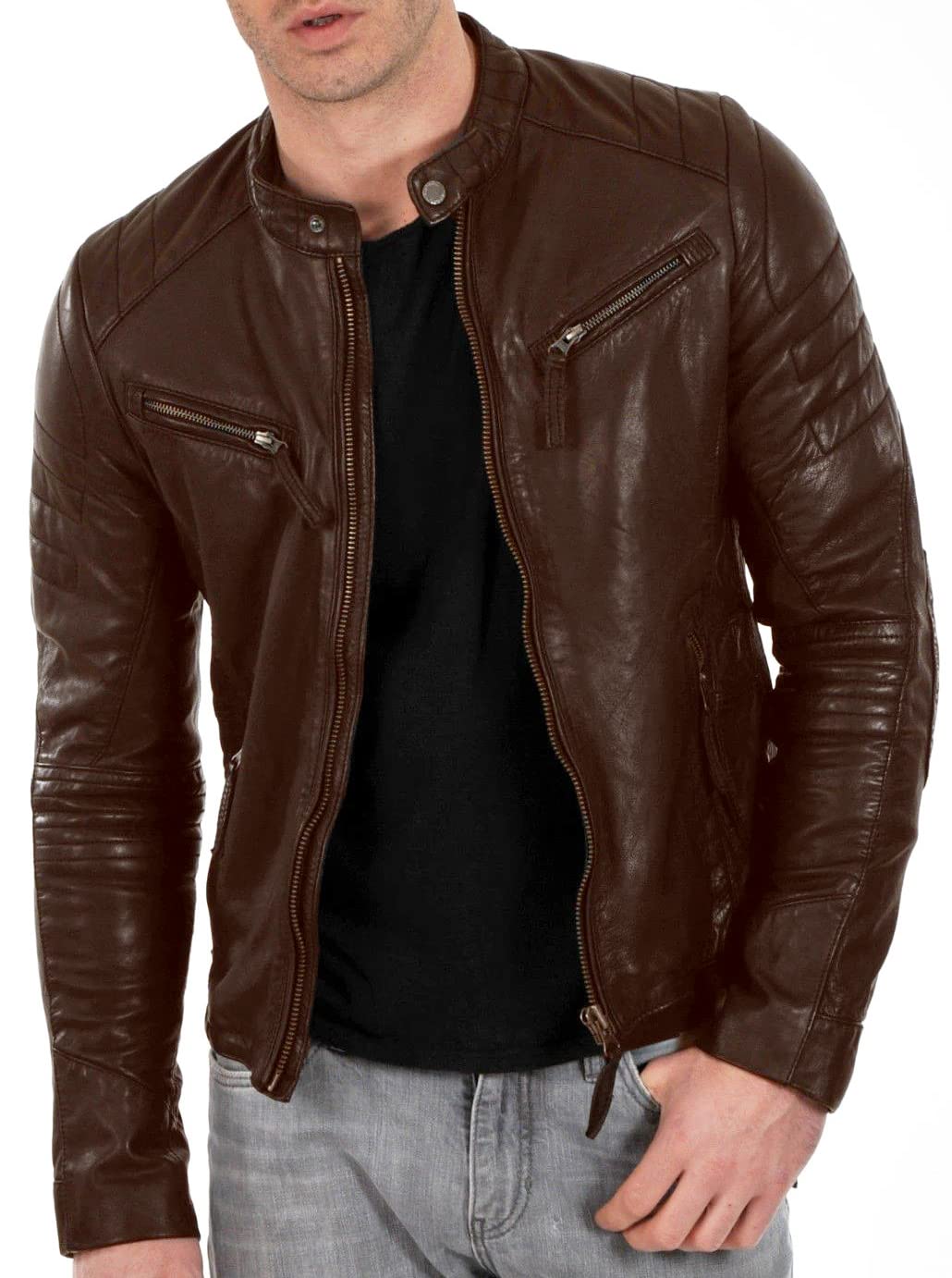 DECIMAL Men's Black & BROWN Genuine Lambskin Leather Biker Jacket VINTAGE REAL MOTORCYCLE JACKETS FOR MEN (L, BROWN)