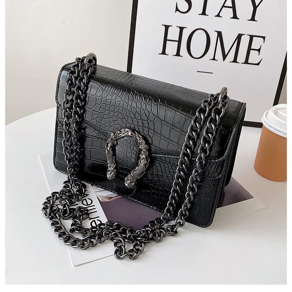 DEEPMEOW Crossbody Shoulder Chain Purse for Women - Crocodile Grain PU Leather Evening Bag Satchel Handbag（Black）
