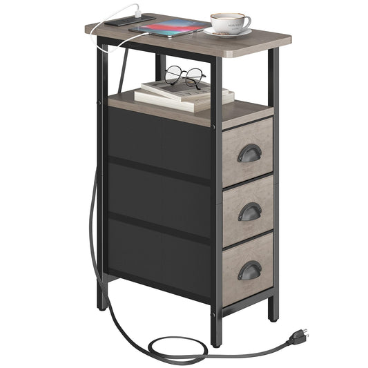 sthmec End Table with Charging Station,Narrow Side Tables with USB Ports and Outlets,Skinny Bedside Tables with 3 Drawers,Small Tables Nightstands for Small Space,Slim Sofa Table for Livingroom,Grey