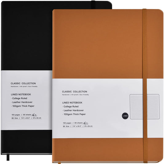 2 Pack B5 Journal Notebooks Classic College Ruled Notebooks Hardcover Lined Journals for Office Home School Business Writing Note Taking, 10.2 x 7.5 inch, 100GSM Thick Paper, 160 Pages (Black/Brown)