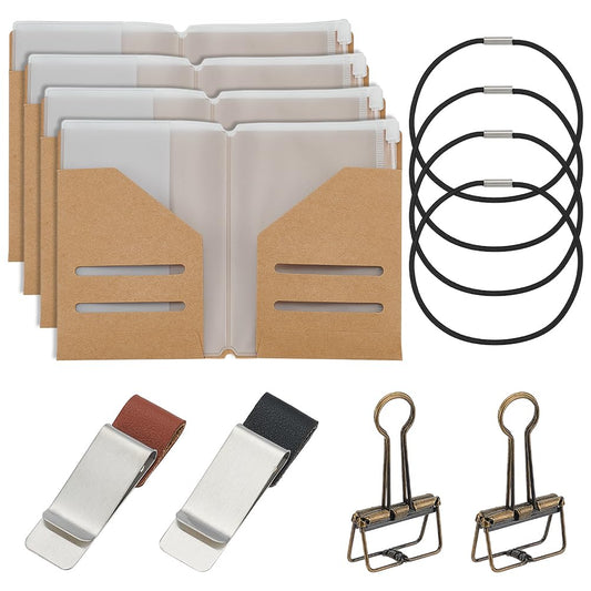 OLYCRAFT 4 Pack Travelers Notebook Accessories Kit Travel Diary Accessory Set Include Travel Kraft File Folder Transparent Bags Rubber Band Pen Clips Loose-Leaf Clips for Diary Passport Organizer