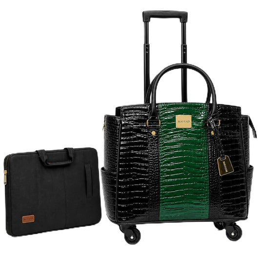 MAYYAD Emerald Green and Black Rolling Laptop Bag for Women – Premium Crocodile Embossed PU Leather Business Trolley – Stylish 17.3” Laptop Briefcase with Spinner Wheels