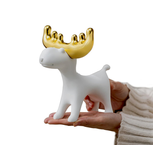 ZMLOOK Modern White Resin Deer Figurine with Gold Antlers – 7.48 x 69 x 7.72 Minimalist Animal Sculpture for Home & Desk Decor(Standing/Reclining Style)