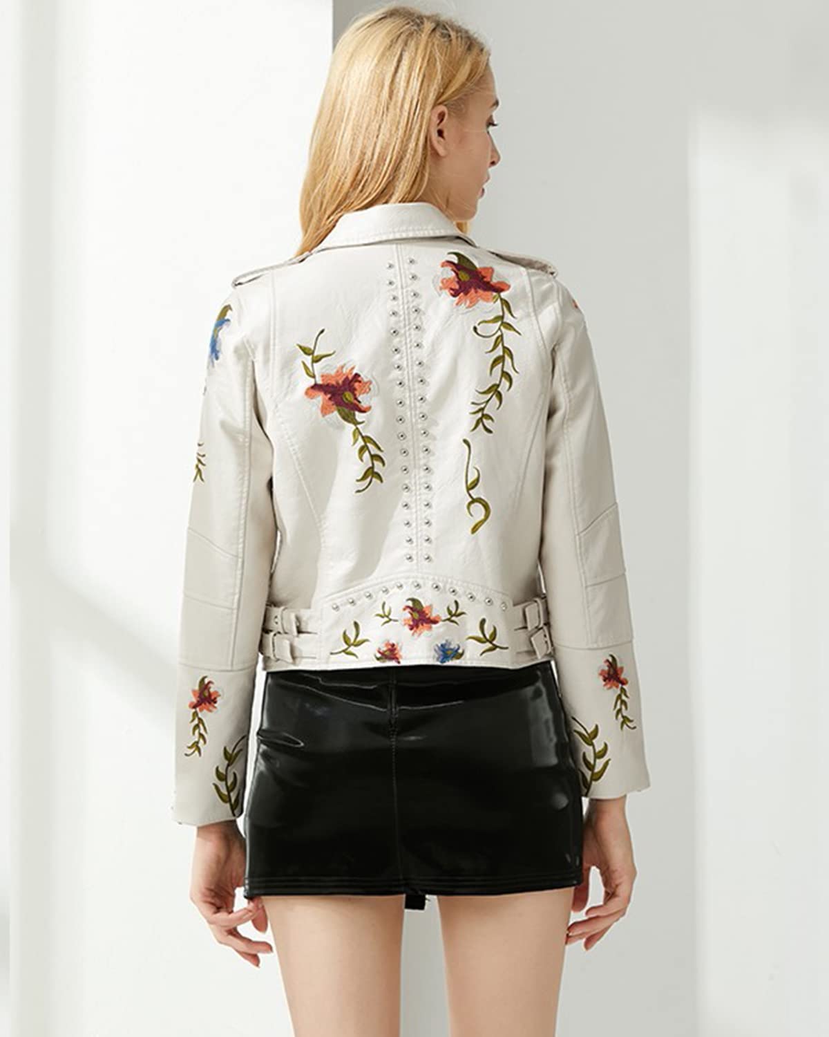 YILANUOYI Women's Embroidered Studded Faux Leather Jacket Moto Punk Jacket Floral Coat (M, XHPY Beige)
