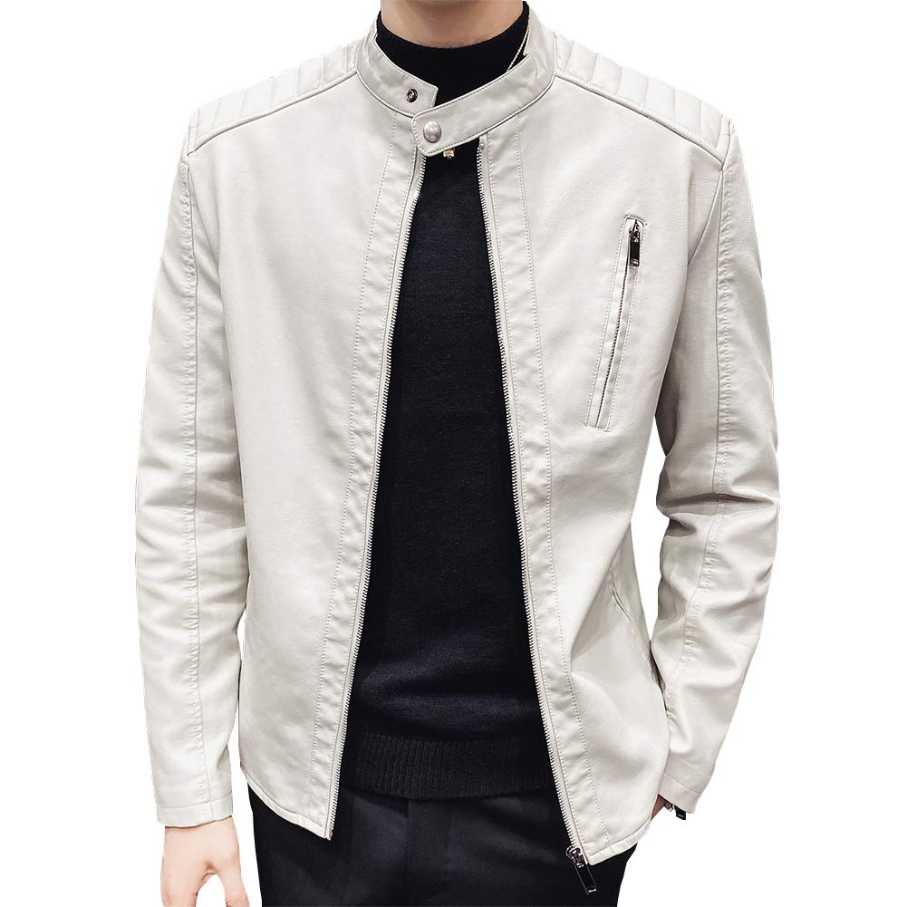 Womleys Mens Casual Stand Collar Slim Fit Faux Leather Jacket Biker Motorcycle Jacket (Ivory, Medium)