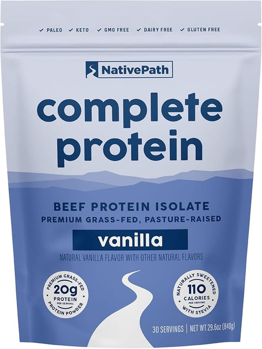 NativePath Complete Beef Protein Powder Isolate ??Grass-Fed, Pasture-Raised, Dairy & Lactose Free, Gluten Free, Zero Sugar, MCTs & Amino Acids ??20g Protein, Vanilla Flavor, 30 Servings
