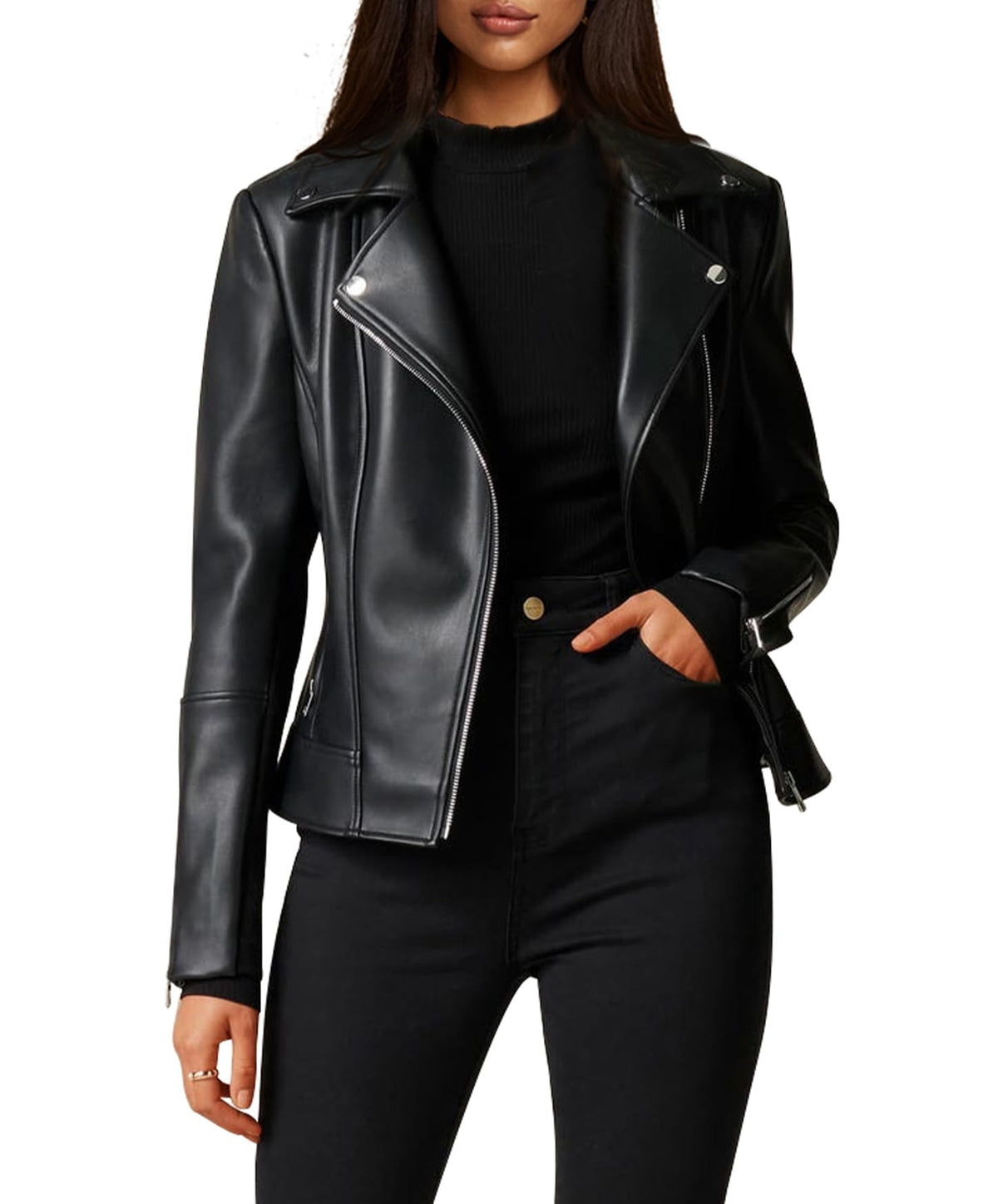 Women Leather Jacket, Buttery Soft Faux Leather Motorcycle Moto Biker Short Jacket, Stretchy Long Sleeves Asymmetrical Closure Zipper Rivets Pocket Classic Stylish Coat, Small, Black