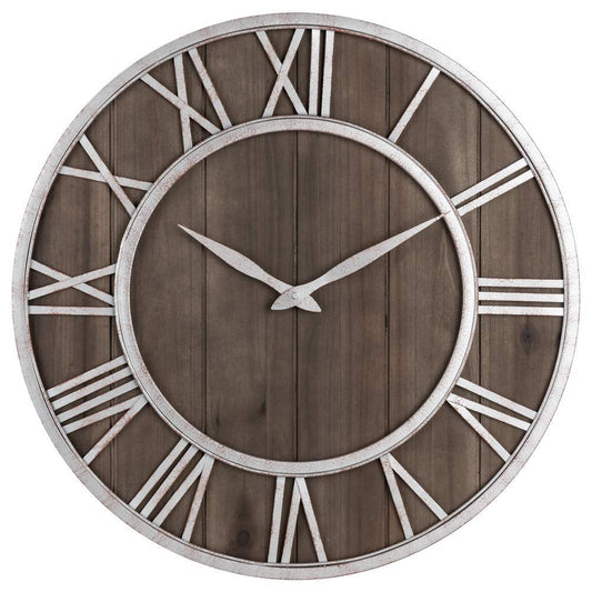 Oldtown Farmhouse Metal & Solid Wood Noiseless Wall Clock (Dark Brown, 30-inch)
