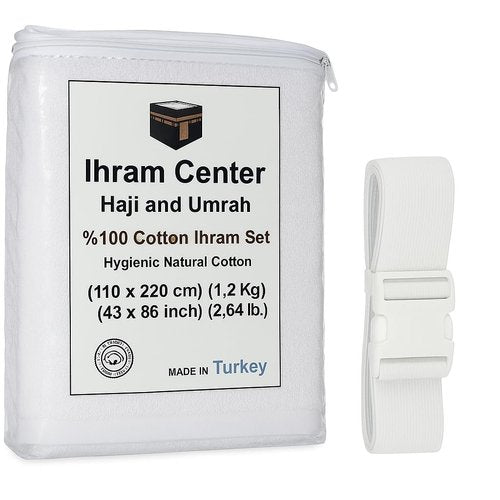 Ihram for Men – 2-Piece Hajj and Umrah Towel Set – 100% Natural Cotton – Soft, Non-Stitched 110x220 cm (43x86 in) – Ahram Ehram (Cotton with Belt)