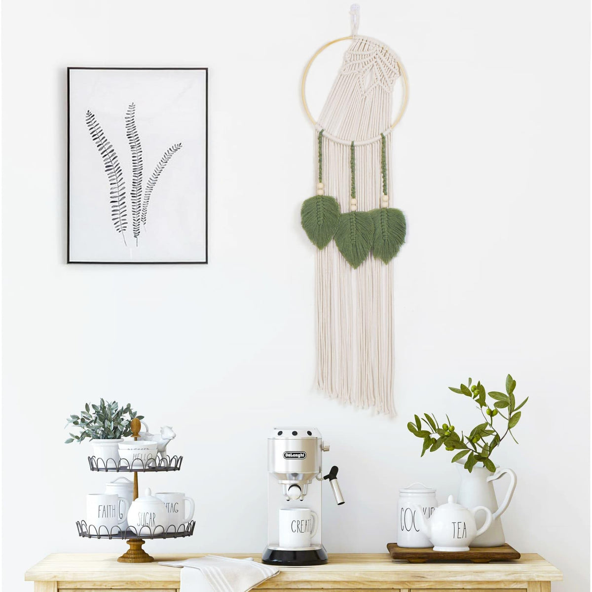 LB Boho Leaf Small Macrame Wall Hanging Green and Beige Hand Woven Cotton Tapestry Wall Art with Wood beads Modern Aesthetic Wall Decor for Home, Bedroom, Living Room