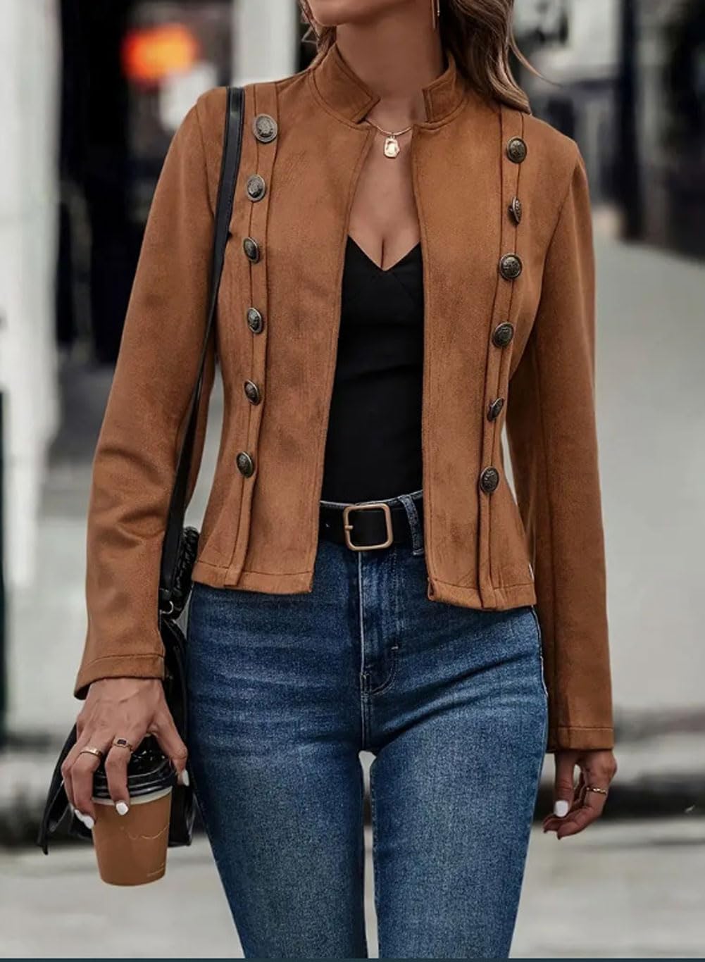 utcoco Women's Faux Suede Leather Jacket Casual Long Sleeve Blazer Jacket Coat 2025 Fall Outfits (Small, Brown)