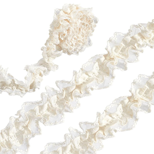CABODYALS 2 Inch Beige Cotton Pleated Ribbon Elastic Ruffle Lace Trim Floral Embroidered Gathered Wave Edge Mesh Vintage Soft Stretchy Ribbons for Sewing Making Costume Decoration Wedding DIY Craft