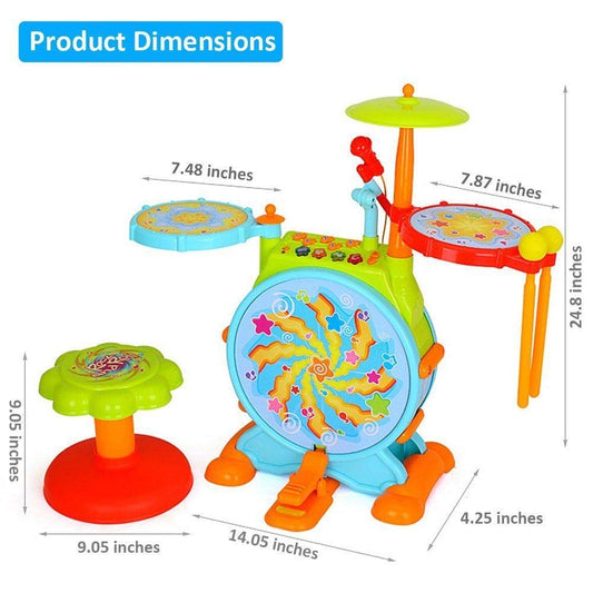 Play Baby Musical Big Toy Kids Drum Set with Adjustable Mic and Seat - Many Functions and Activities for Hours of Play - Pretend to Be A Real Drummer with Drumsticks, Pedals, and Bass Drum