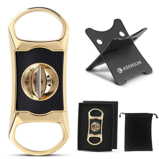KEENSUN Zinc Alloy V-Cut Cigar Cutter (Gold and Black CNC Engraved Diamond Finish), 60 Ring Gauge, Stainless Steel Cut Blade with Leather Case, Cigar Holder and Gift Box