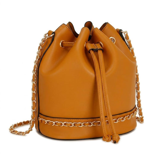 Rosvovo Leather Bucket Bag - Elegant Orange Drawstring Crossbody Purse for Women with Gold Chain Strap