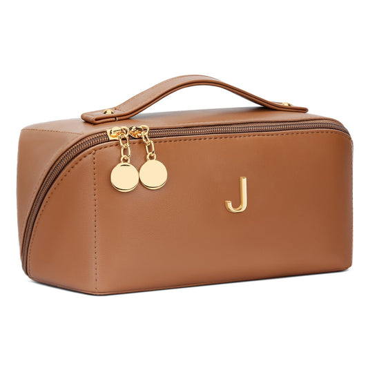 CLOUDWINGS Initial Makeup Bag Gifts for Women Bridesmaid Gifts Travel Toiletry Personalized PU Leather Waterproof Cosmetic Bag (Large-Brown-J)