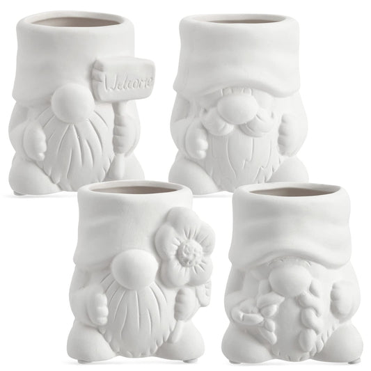 Bright Creations Paintable Ceramic Garden Gnome Planters - 3 x 3 x 4 in, White, Pack of 4, Unfinished - Succulent Pots to Paint with Drainage Holes & Plugs - DIY Pottery Kit