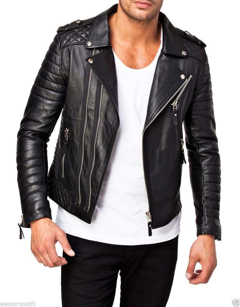 DECIMAL Men's Black REAL Lambskin Leather Biker Jacket VINTAGE GENUINE MOTORCYCLE JACKETS FOR MEN (US, Alpha, X-Small, Regular, Regular, C BLACK)