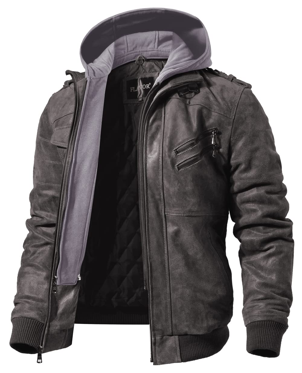 FLAVOR Men Brown Leather Motorcycle Jacket with Removable Hood (Large, Gray)