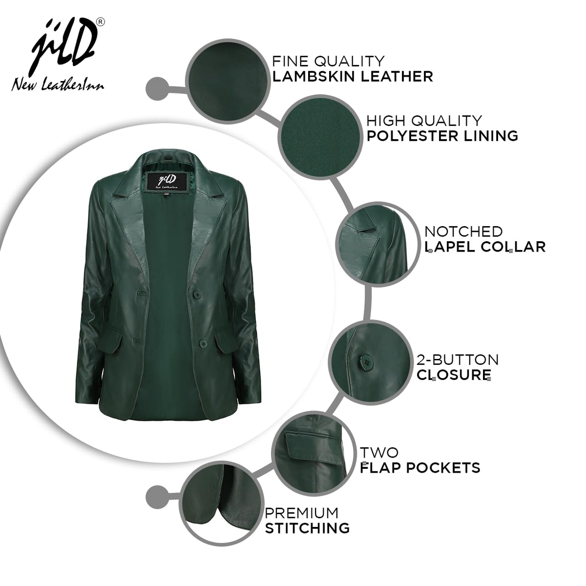 Jild Classic 2-Button Lambskin Leather Blazer Women - Casual Coat Long Sleeves Suit Style Leather Jacket Women (LC-GREEN-L)