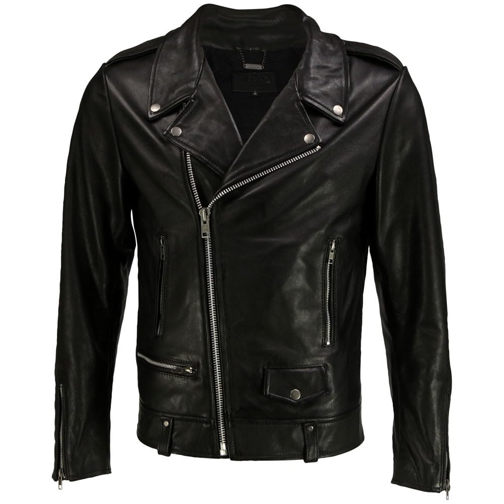 Men's Black Genuine Lambskin Leather Biker Jacket VINTAGE REAL BROWN MOTORCYCLE JACKETS FOR MEN (US, Alpha, Medium, Regular, Regular, BLACK R)