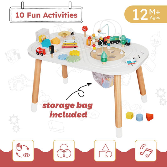 touch us Baby Activity Cubes for Kids,Toddler Activity Cubes&Activity Center Table with Wooden Bead Mazes，Mini Toy Car,Gears&Blocks|Wooden Desk Play Table as Montessori Toy for 1 Year Old Boy Girl