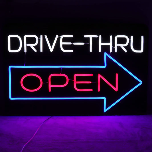 JFLLamp Large Drive Thru Open Neon Signs for Wall Decor Neon Lights for Bedroom Led Signs Suitable for Drive Thru Open Office Man Cave Bar Christmas 12V Power Adapter, 23.2*15Inch(Red + Blue+ White)