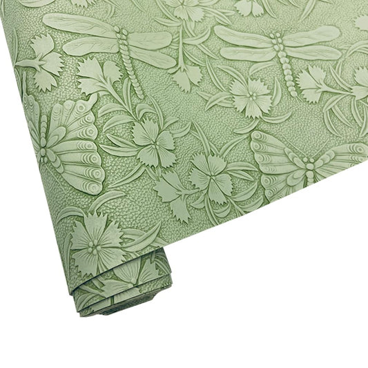 Embossed Faux Leather Sheets for Earrings Purses Making, 12 x 54 inch (32x137cm) Dragonfly Butterfly Flower Faux Leather for DIY Crafts Sewing Supplies (Light Green)