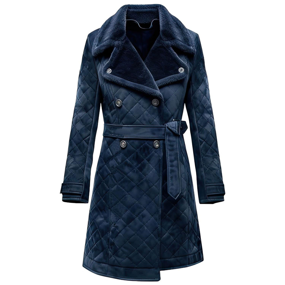 Women’s Navy Blue Suede Trench Coat Double Breasted Knee Length Autumn Quilted Leather Outerwear With Belt & Diamond Stitch (US, Alpha, X-Large, Regular, Regular, Navy Blue)