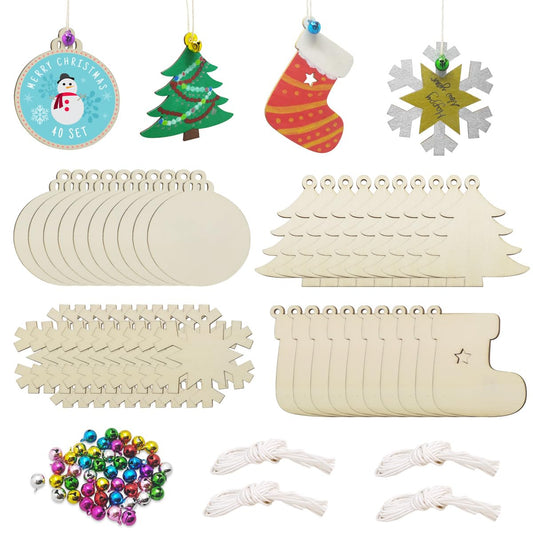 Hidreas 40PCS Christmas Crafts Unfinished Wooden Christmas Ornaments Kit, DIY Ornaments Crafts with Colorful Bells and Wax Rope for Holiday Decoration and DIY Craft Making