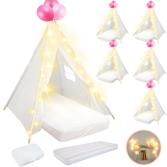 Lemosae 6 Pack Sleepovers Teepee Tent for Kids Bulk with Mattress Sheet Light,Natural Cotton Washable Indoor Play Tent for Birthday Slumber Party Girls Boys Pajama Movie Night Supplies(White)