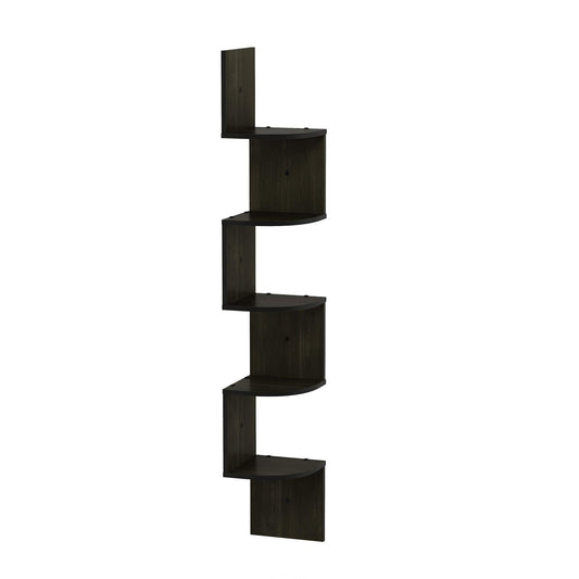 Furinno ROSSI Floating Book Shelves for Wall, 5-Tier Zigzag Corner Shelf Wall Mounted, Radial Corner Floating Shelf, for Living Room, Bedroom, Bathroom, Home Office, Espresso
