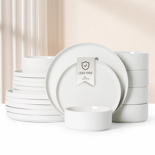 MONITO Ceramic Plates and Bowls Sets for 4, 12PCS Stoneware Dinnerware Sets, Reactive Glaze Dish Set, Chip and Scratch Resistant Double, Microwave and Dishwasher Safe,White