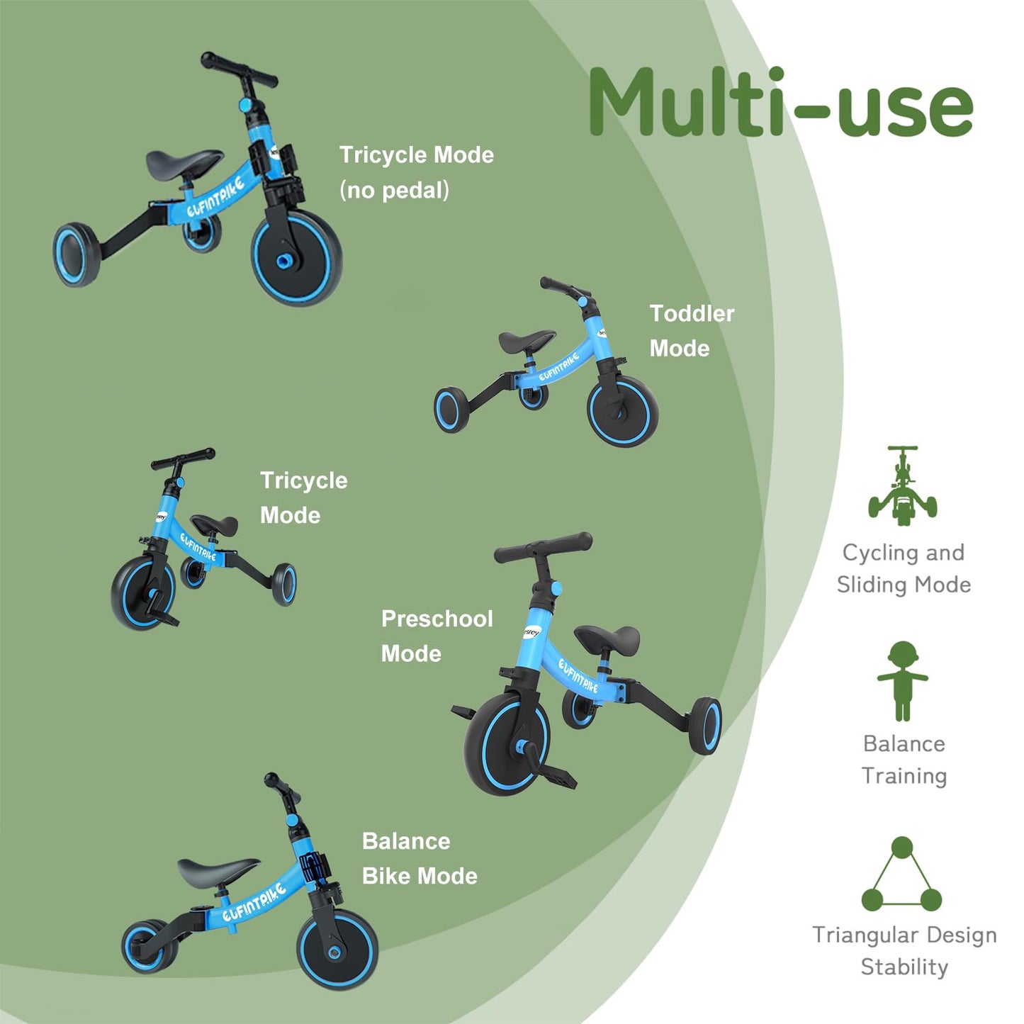 besrey 5 in 1 Toddler Bike for 1 Year to 4 Years Old Kids, Toddler Tricycle Kids Trikes Tricycle, Toys for Boy & Girl, Balance Training, Removable Pedals