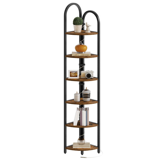 MAHANCRIS 6 Tier Corner Shelf with LED Light, 74.6'' Tall Corner Bookshelf Stand, Narrow Display Bookcase with Storage Rack for Wall Corner, Living Room, Bedroom, Small Spaces, Rustic Brown CSHR66101
