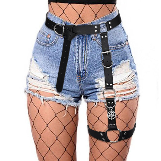 BODIY Women Punk Leather Waist and Leg Belt - Gothic Thigh Rave Accessory in Black
