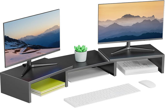 Black Metal Dual Monitor Stand - Ergonomic Desk Riser for Home and Office