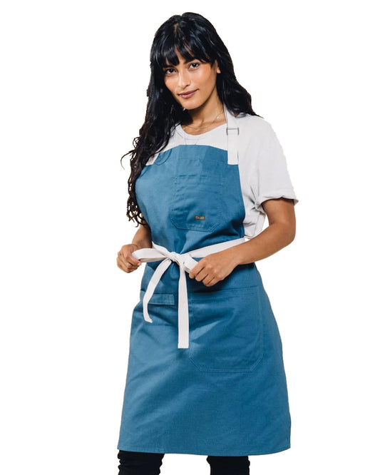 Caldo Daily Cotton Kitchen Apron for Cooking - Mens and Womens Professional Chef or Server Bib Apron - Adjustable Straps with Pockets and Towel Loop (Vintage Blue)