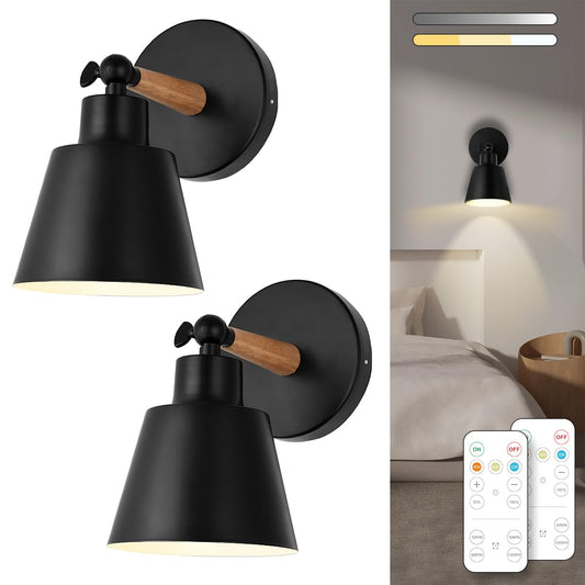 BIMEAN Black Battery Operated Wall Sconce Set of Two, Easy to Install Wireless Lights for Wall, Remote Control Dimmable LED Lights, Auto Timer Wall Lamp Fixtures for Bedroom, Gallery, Living Room, RV