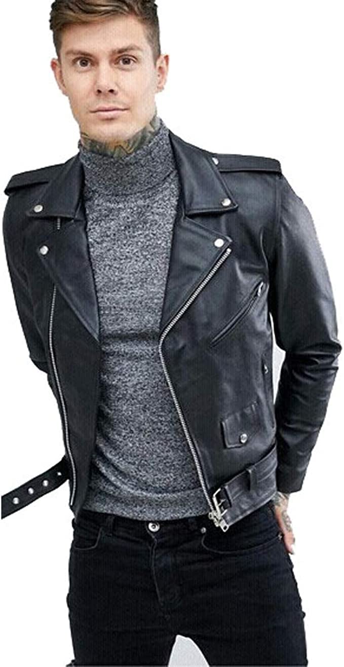 Lishow Fashion Men's Biker Rider Motorcycle Motorbike Rocker Retro Genuine Cowhide Leather jacket By Reclaimed Vintage (US, Alpha, XX-Small, Regular, Regular, Black)