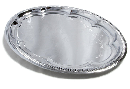 MARO MEGASTORE (Pack of 4 Elegant Floral Engraved Serving Tray Chrome Plated Steel Plate Platter Wedding Birthday Holiday Party Food Buffet Decor Shiny Silver Color (Oval 12" x 9")