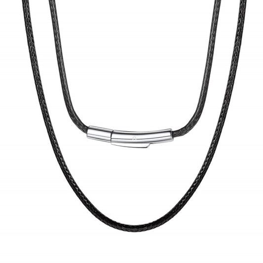 2mm Black Waterproof Braided Leather Cord Necklace with Durable Stainless Steel Snap Clasp Men Women Woven Wax String Rope Chain for DIY Pendant Length 18"
