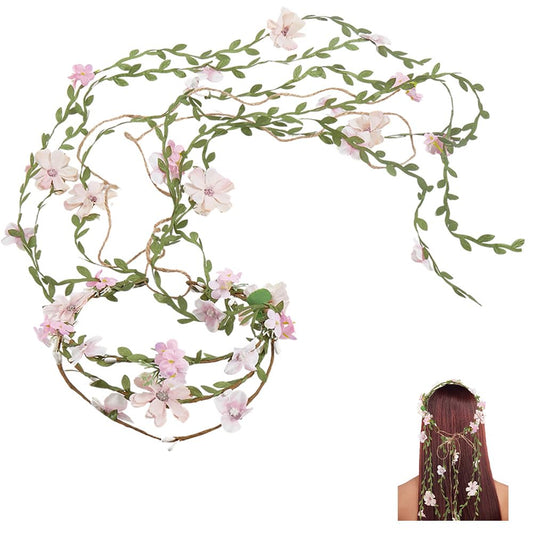 CABODYALS Pearl Pink Flower Crown Headband Boho Floral Wreath With Leaves Vine Ribbon Fairy Hairband Garland Wrapped Crafting Hair Hoop for Women Party Wedding Accessories Vacation Festival Decor